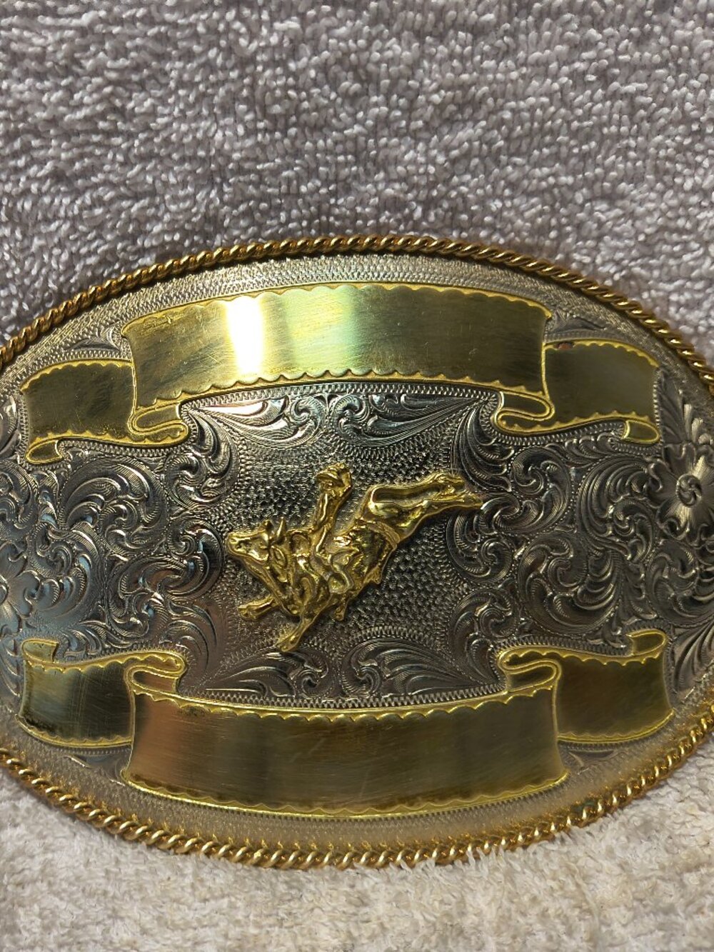 Montana Silversmiths Buckle Huge Bull Rider Dual Gold Banners Silver Plate Great